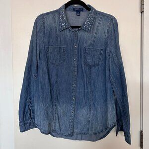 Vintage Denim Button-Up with Jewel Embellishments